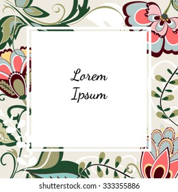 Vector illustration of a beautiful floral border with spring flowers. Vintage flowers background. Ornament backdrop for fabric, textile, wrapping paper, card, invitation, wallpaper, web design.
