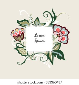 Vector illustration of a beautiful floral border with spring flowers. Vintage flowers background. Ornament backdrop for fabric, textile, wrapping paper, card, invitation, wallpaper, web design.