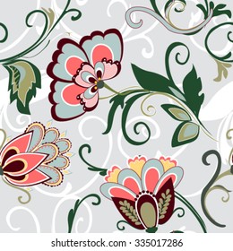 Vector illustration of a beautiful floral border with spring flowers. Vintage flowers background. Ornament backdrop for fabric, textile, wrapping paper, card, invitation, wallpaper, web design
