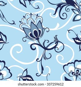 Vector illustration of a beautiful floral border with spring blue flowers. Vintage flowers background. Ornament backdrop for fabric, textile, wrapping paper, card, invitation, wallpaper, web design