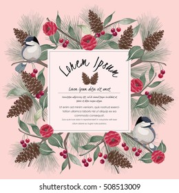 Vector illustration  of a beautiful floral border in winter for Happy New Year and Merry Christmas cards. A beautiful hand drawn illustration with a cute bird on a branch.