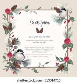 Vector illustration of a beautiful floral border in winter for Happy New Year and Merry Christmas cards. A beautiful hand drawn illustration with a cute bird on a branch.