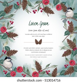 Vector illustration of a beautiful floral border in winter for Happy New Year and Merry Christmas cards. A beautiful hand drawn illustration with a cute bird on a branch.