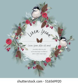 Vector illustration of a beautiful floral border in winter for Happy New Year and Merry Christmas cards. A beautiful hand drawn illustration with a cute bird on a branch.