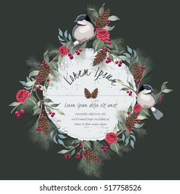 Imagen vectorial de una hermosa frontera floral en invierno para Feliz Año Nuevo y Feliz Navidad. Una bella ilustración dibujada a mano con un pájaro lindo en una rama.