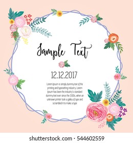 Vector illustration of a beautiful floral border with rose and flowers pastel colors wreath for wedding invitations and birthday cards