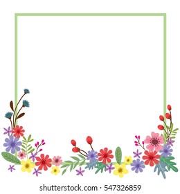 Vector illustration of a beautiful floral border frame with cosmos and flowers pastel colors for wedding invitations and birthday cards