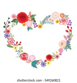 Vector illustration of a beautiful floral border heart shape with cosmos and flowers pastel colors for wedding invitations and birthday cards