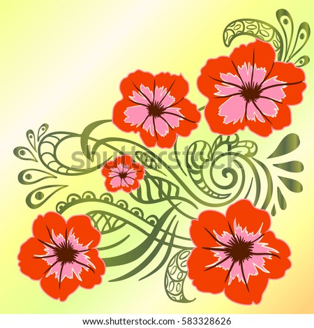 Vector illustration of a beautiful floral border with spring flowers. Gold background