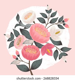 Vector illustration of a beautiful floral bouquet with spring flowers. Pink background