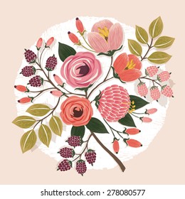 Vector illustration of a beautiful floral bouquet with spring flowers. Light Pink background