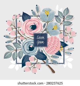 Vector illustration of a beautiful floral bouquet with blue frame. Light gray background