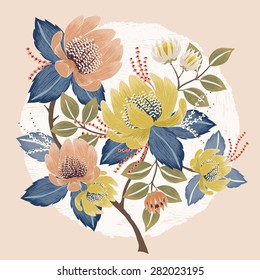 Vector illustration of a beautiful floral bouquet with spring flowers. Yellow and baby pink flowers.