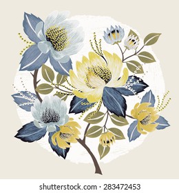  Vector illustration of a beautiful floral bouquet with spring flowers. Yellow and light blue flowers.