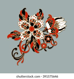 Vector illustration of a beautiful floral bouquet with spring flowers. Beautiful blooming flowers isolated on the grey background. Hand drawing. Jewelery item, brooch. Floral pattern. Design element