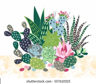 A vector illustration of beautiful floral bouquet with succulents and cactuses with inky texture. Trendy tropical design for a birthday card or an invitation.
