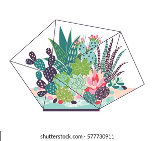 A vector illustration of beautiful floral bouquet with succulents and cactuses with inky texture in a glass terrarium. Trendy tropical design for a birthday card or an invitation.
