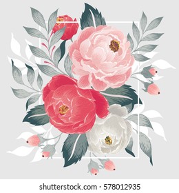  Vector Illustration Of A Beautiful Floral Bouquet With Frame In Spring For Wedding, Anniversary, Birthday And Party. Design For Banner, Poster, Card, Invitation And Scrapbook 