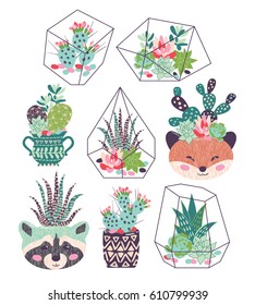 A vector illustration of beautiful floral bouquets with succulents and cactuses with inky texture in funny flower pots and glass terrariums. Trendy tropical design for a card or an invitation. 
