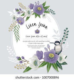 Vector illustration of a beautiful floral frame with a cute bird in spring for Wedding, anniversary, birthday and party. Design for banner, poster, card, invitation and scrapbook 