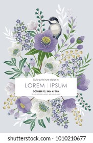Vector illustration of a beautiful floral frame with a cute bird in spring for Wedding, anniversary, birthday and party. Design for banner, poster, card, invitation and scrapbook 