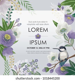  Vector illustration of a beautiful floral frame with a cute bird in spring for Wedding, anniversary, birthday and party. Design for banner, poster, card, invitation and scrapbook 
