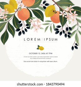 Vektorgrafik eines wunderschönen Blumenrahmens mit Früchten zum Hochzeitsfeiern, Geburtstag und Feiern. Design für Einladungskarte, Bilderrahmen, Poster, Scrapbook 