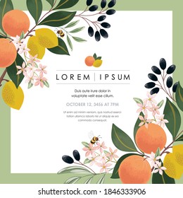 Vector illustration of a beautiful floral frame with fruits. Design for cards, party invitation, Print, Frame Clip Art and Business Advertisement and Promotion 