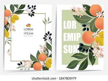  Vector illustration of a beautiful floral frame set with fruits. Design for cards, party invitation, Print, Frame Clip Art and Business Advertisement and Promotion