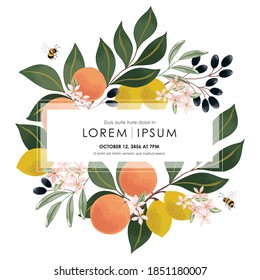 Vector illustration of a beautiful floral frame with fruits. Design for cards, party invitation, Print, Frame Clip Art and Business Advertisement and Promotion 