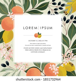 Vector illustration of a beautiful floral frame with fruits. Design for cards, party invitation, Print, Frame Clip Art and Business Advertisement and Promotion