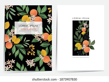 Vector illustration of a beautiful floral frame set with fruits. Design for cards, party invitation, Print, Frame Clip Art and Business Advertisement and Promotion