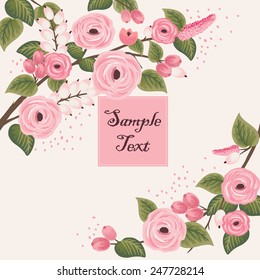 Vector illustration of a beautiful floral frame with branches. beige background