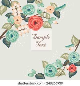 Vector illustration of a beautiful floral frame with branches. Mint background