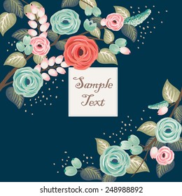 Vector illustration of a beautiful floral frame with branches. Indigo background