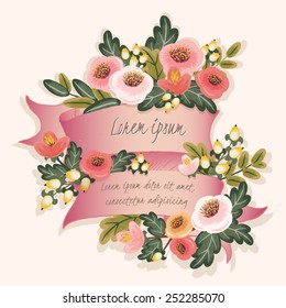 Vector illustration of a beautiful floral frame with a ribbon. Beige background