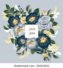 Vector illustration of a beautiful floral frame with white frame. Blue background