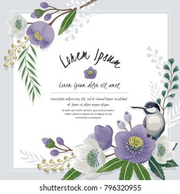  Vector illustration of a beautiful floral frame with a cute bird in spring for Wedding, anniversary, birthday and party. Design for banner, poster, card, invitation and scrapbook 
