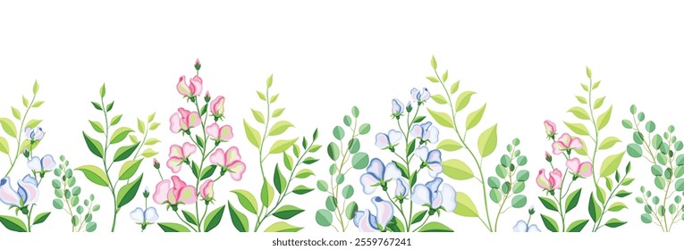 Vector illustration of a beautiful floral horizontal background. Cartoon scene botanical background with delicate blue and pink flowers, buds and twigs with leaves isolated on white background.