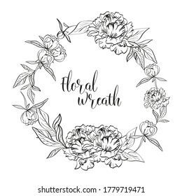 Vector illustration of beautiful floral wreath with peony flowers and space for design on white background