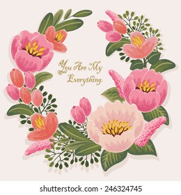 Vector illustration of a beautiful floral wreath. Beige background