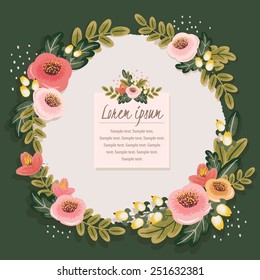 Vector Illustration Of A Beautiful Floral Wreath. Dark Green Background