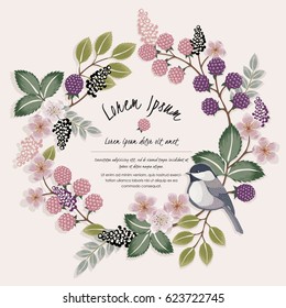  Vector illustration of a beautiful floral wreath with a cute bird on a floral branch in spring for Wedding, anniversary, birthday and party. Design for banner, poster, card, invitation and scrapbook 