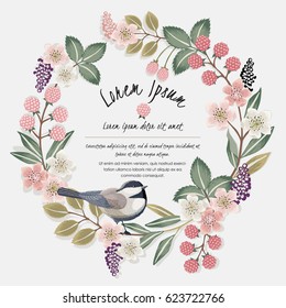  Vector illustration of a beautiful floral wreath with a cute bird on a floral branch in spring for Wedding, anniversary, birthday and party. Design for banner, poster, card, invitation and scrapbook 