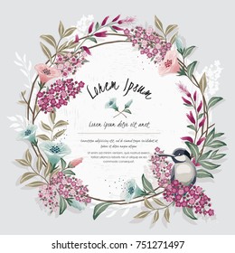  Vector illustration of a beautiful floral wreath with a cute bird on a floral branch in spring for Wedding, anniversary, birthday and party. Design for banner, poster, card, invitation and scrapbook 