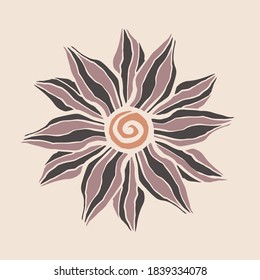 Vector illustration with a beautiful flower. Wavy black and pink stripes of petals and a curl of a red-colored core. Registration of information cards, graceful invitations, greeting cards.