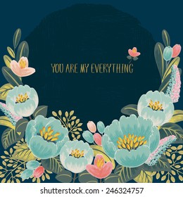 Vector illustration of a beautiful flowering border with spring flowers.  Indigo background