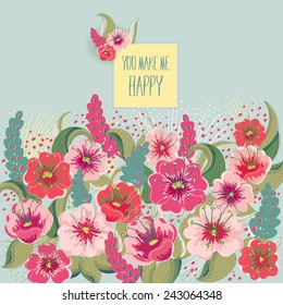 Vector illustration of a beautiful flowering garden with vintage spring flowers. Mint background