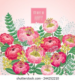 Vector illustration of a beautiful flowering garden with spring flowers. Pink background