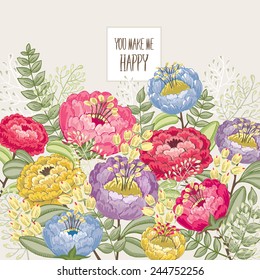 Vector illustration of a beautiful flowering garden with spring flowers. Beige background